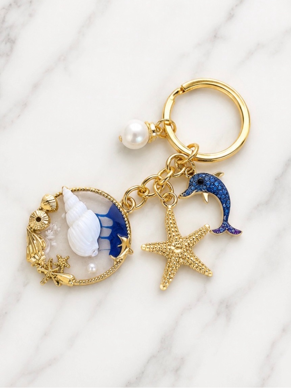 Bag Charm/Keyring-Beach Themed Starfish, Dolphin & Shells-Gold Hardware